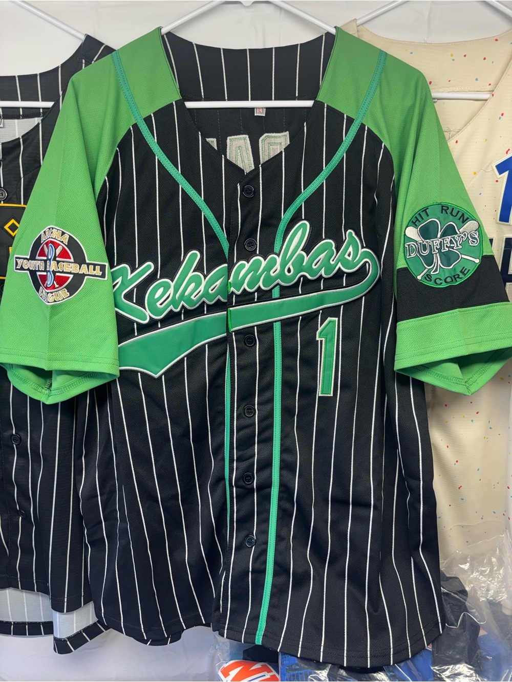 Youth Pinstripe Baseball Jersey in Black & Green - Kekambas